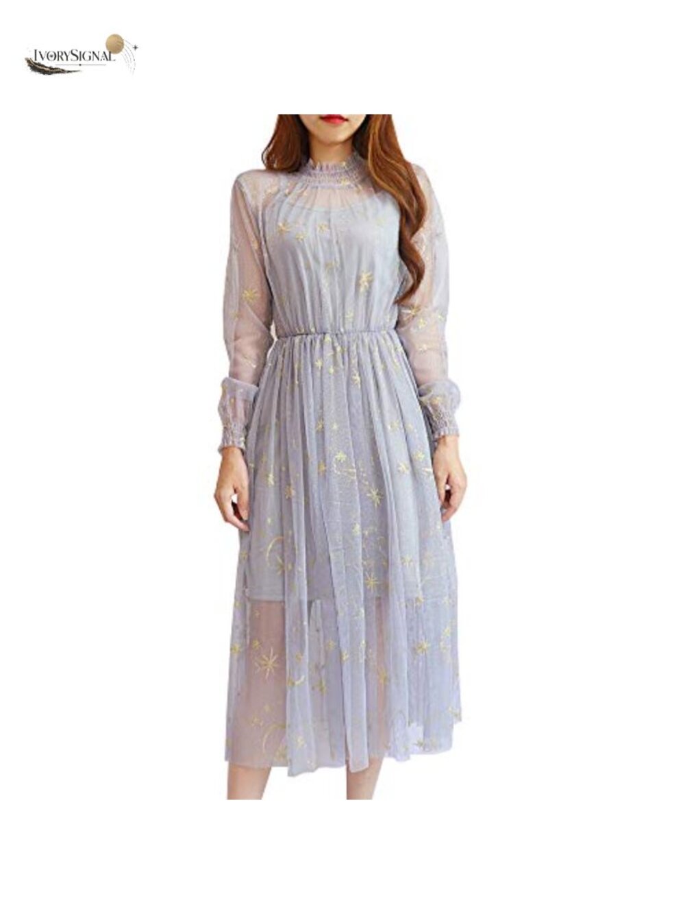 Women's Summer Chiffon Dress Stars Moon Print Embroidered Puff Sleeve